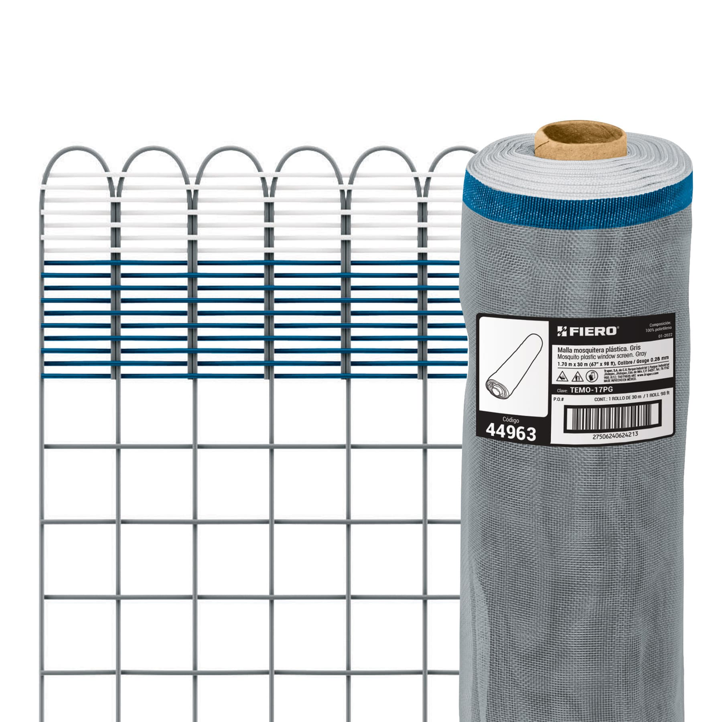 Malla mosquitera plástica, 1.70 x 30 m, gris