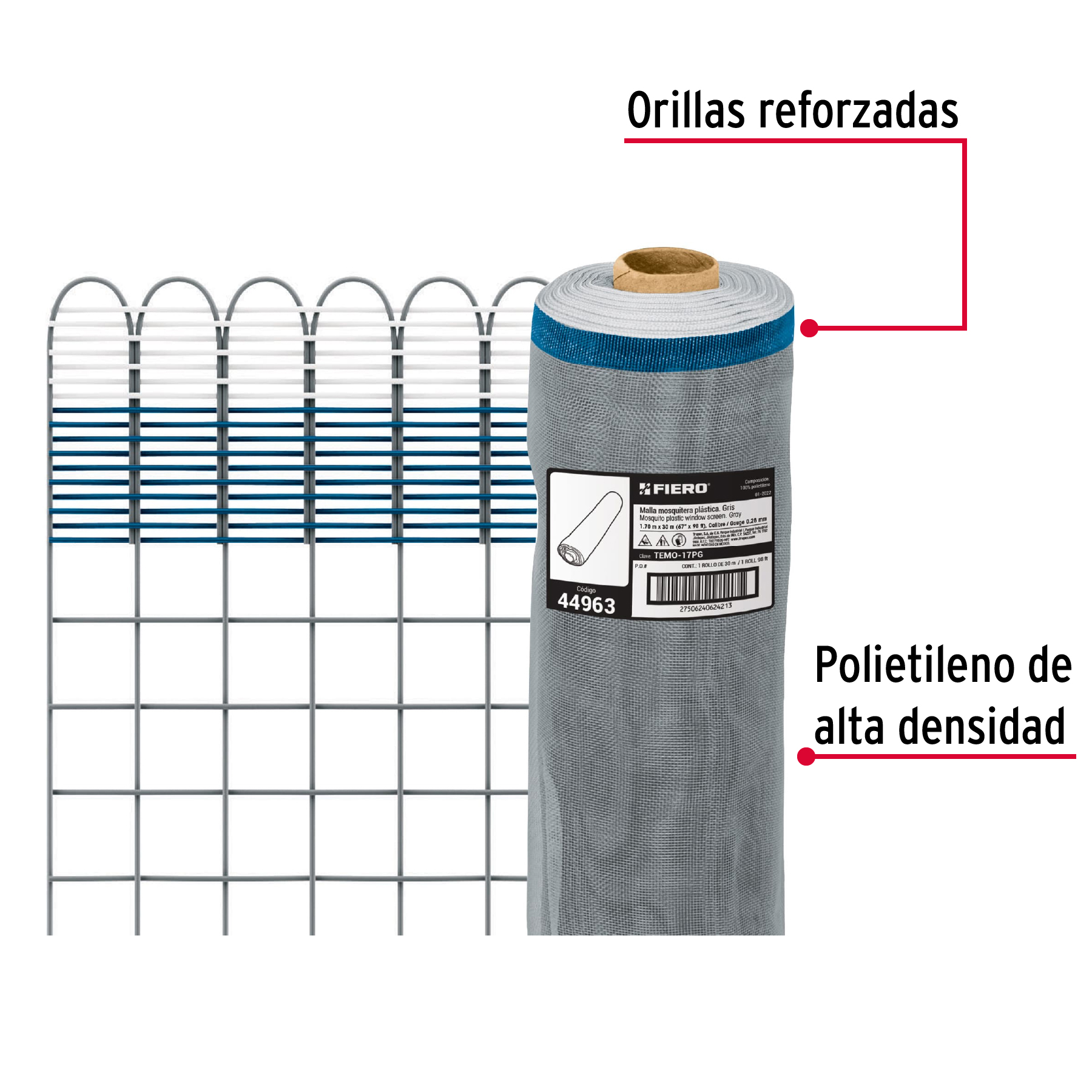 Malla mosquitera plástica, 1.70 x 30 m, gris