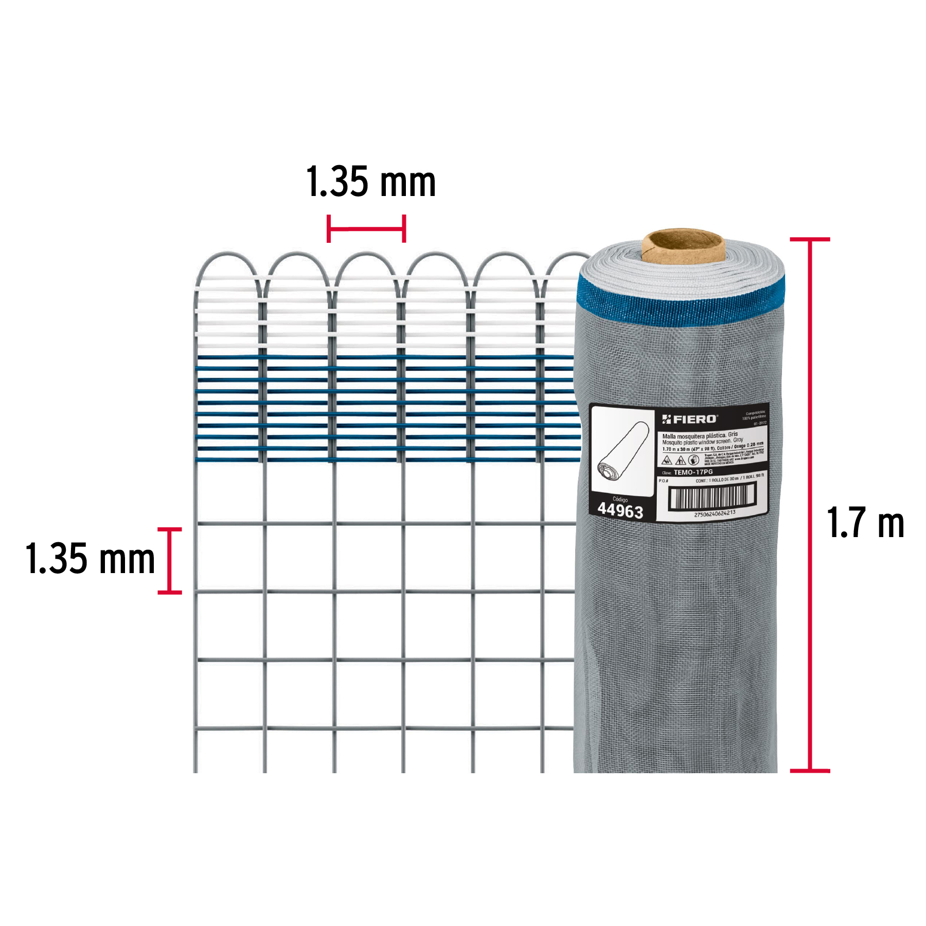Malla mosquitera plástica, 1.70 x 30 m, gris