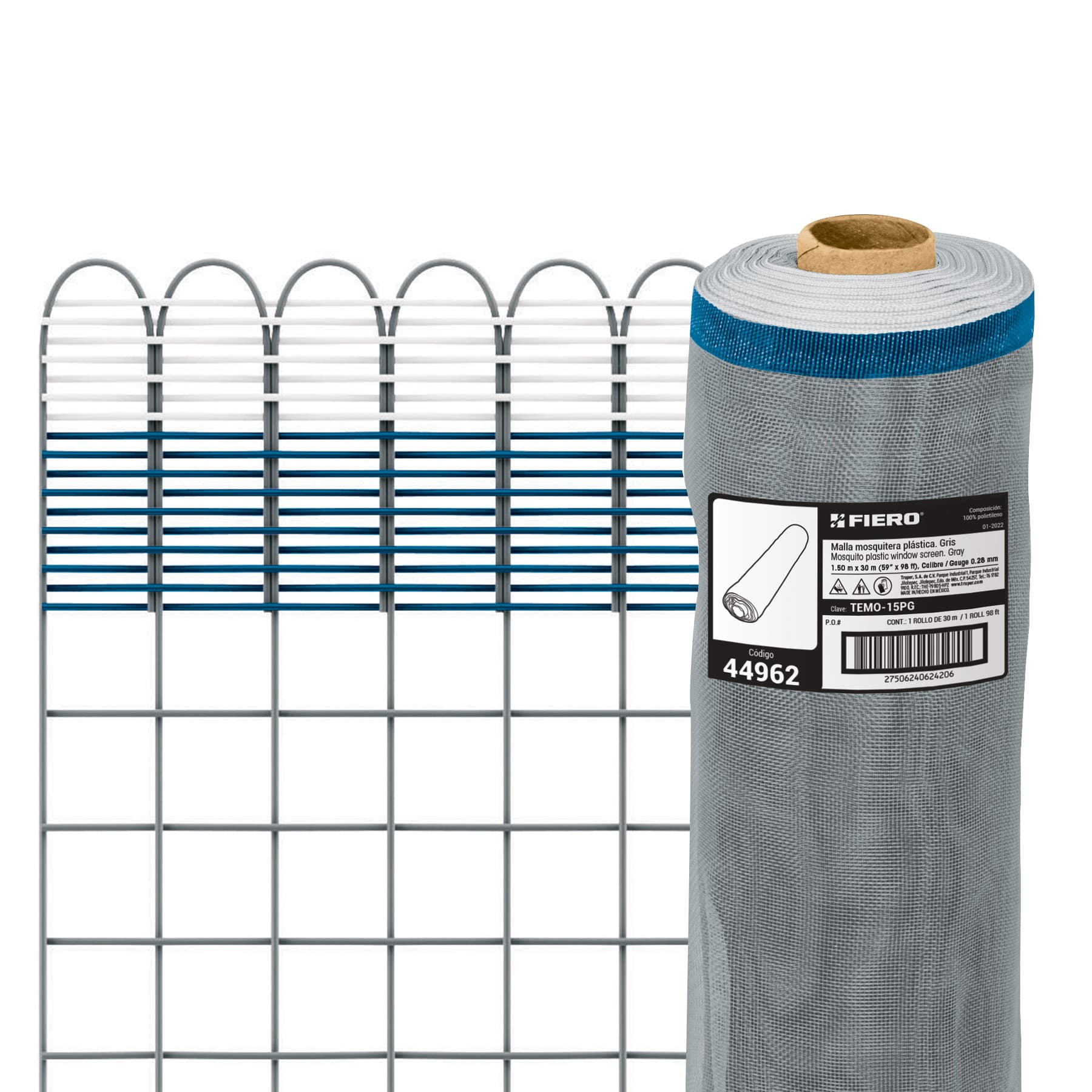 Malla mosquitera plástica, 1.50 x 30 m, gris