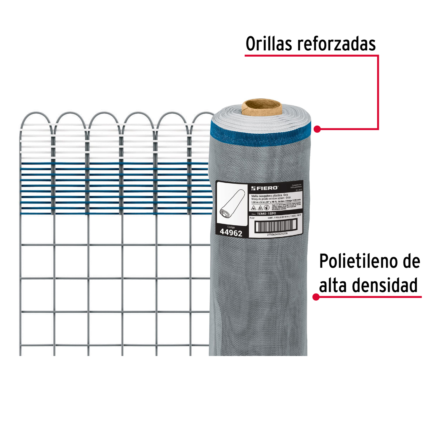 Malla mosquitera plástica, 1.50 x 30 m, gris