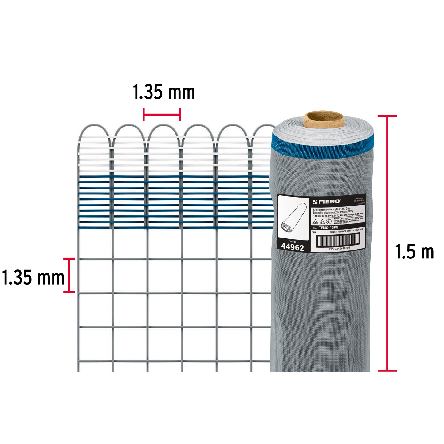 Malla mosquitera plástica, 1.50 x 30 m, gris