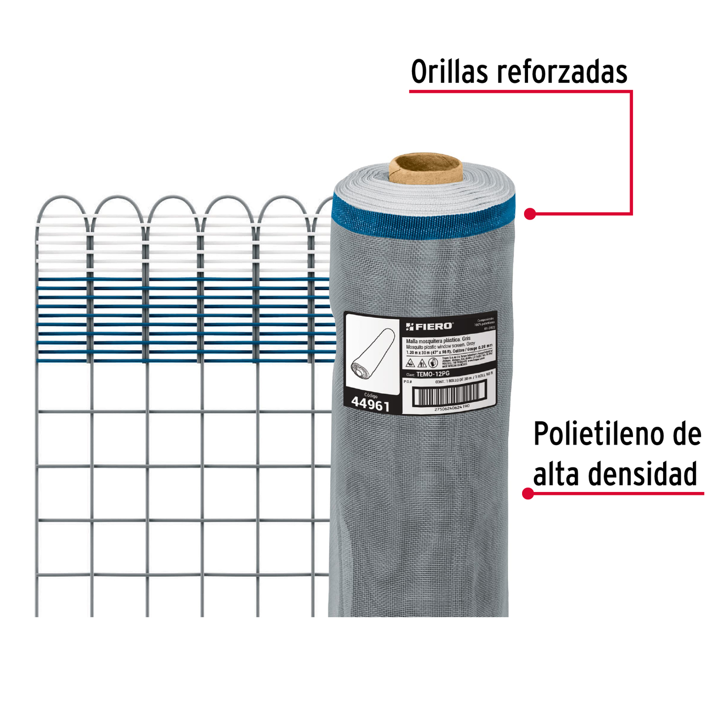 Malla mosquitera plástica, 1.20 x 30 m, gris