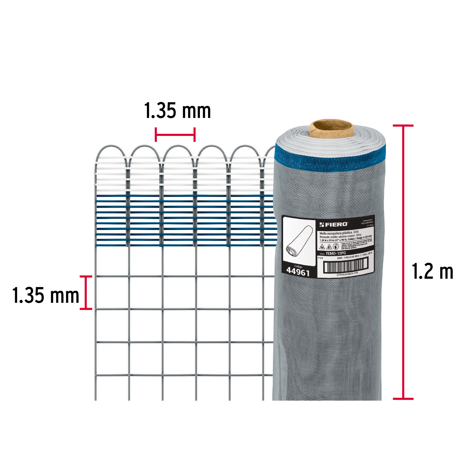 Malla mosquitera plástica, 1.20 x 30 m, gris