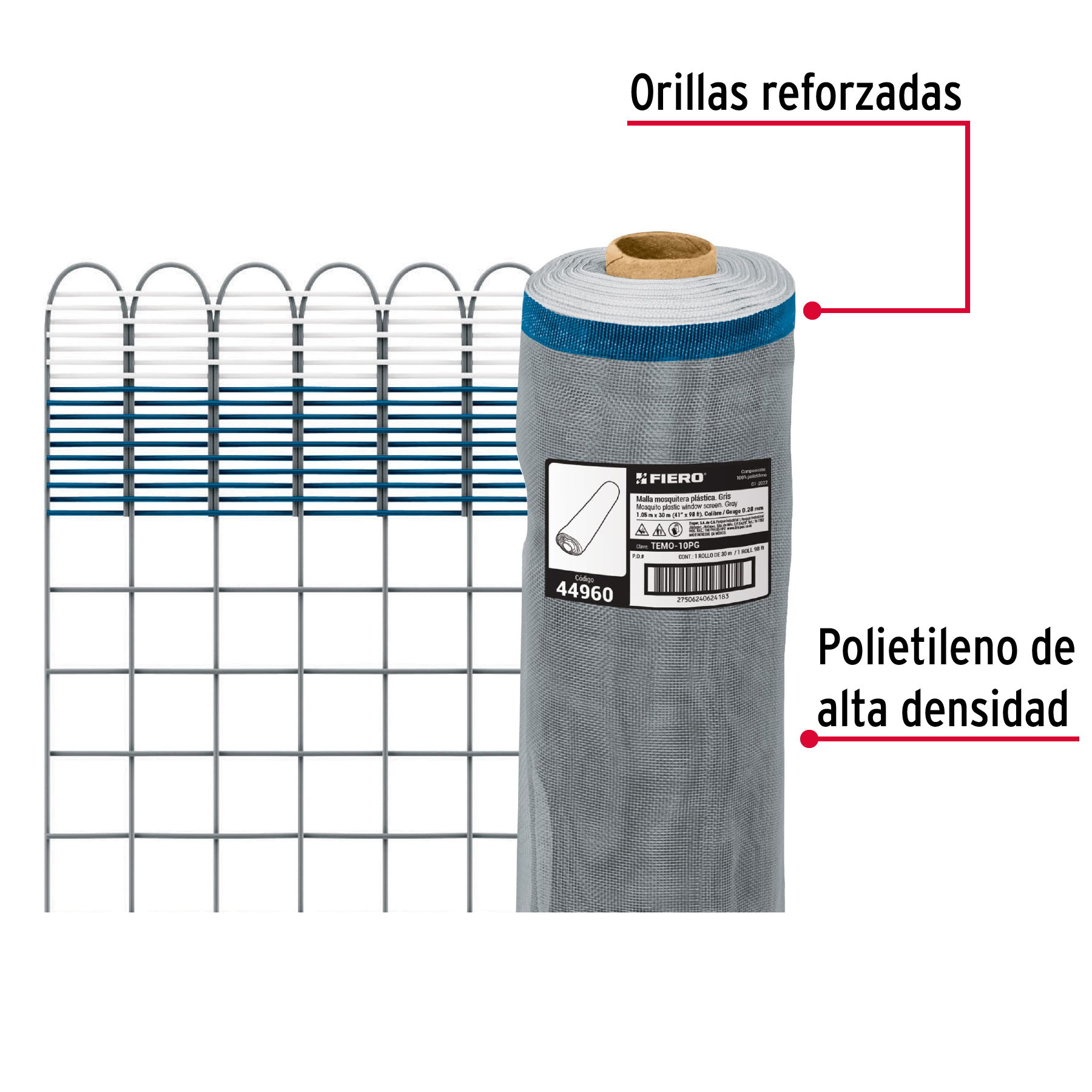 Malla mosquitera plástica, 1.05 x 30 m, gris