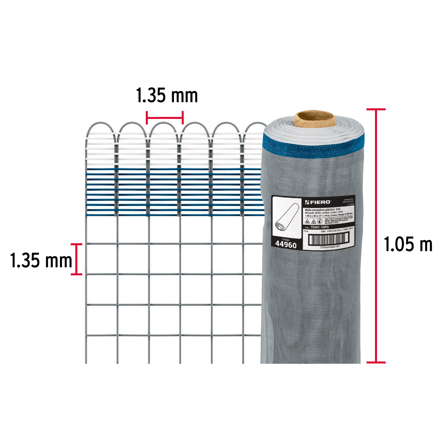 Malla mosquitera plástica, 1.05 x 30 m, gris