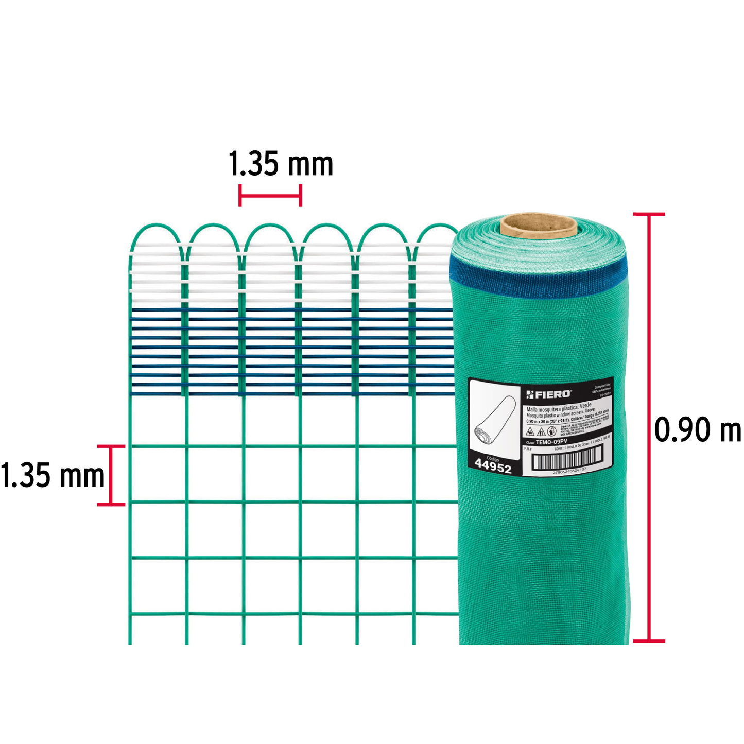 Malla mosquitera plástica, 0.90 x 30 m, verde