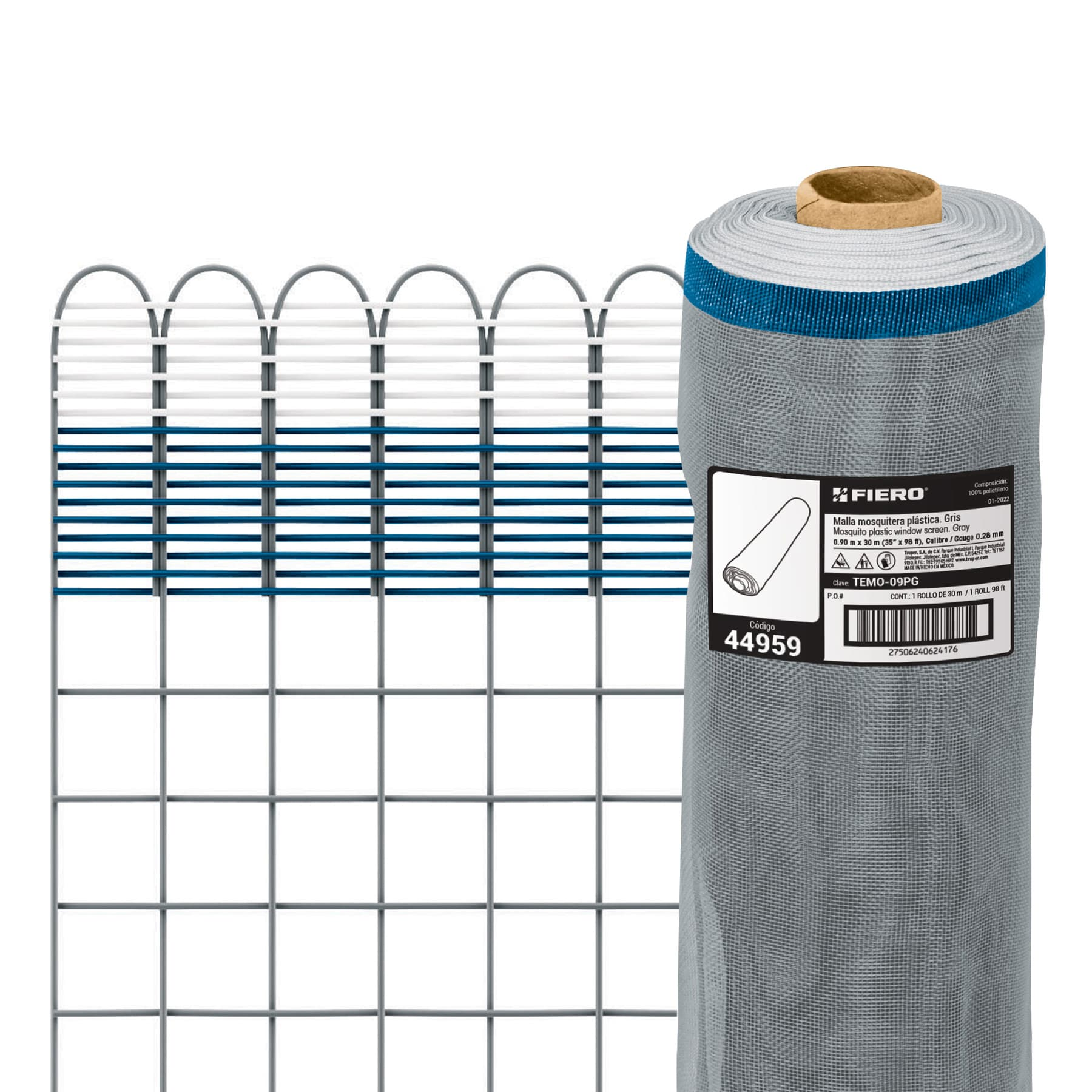 Malla mosquitera plástica, 0.90 x 30 m, gris