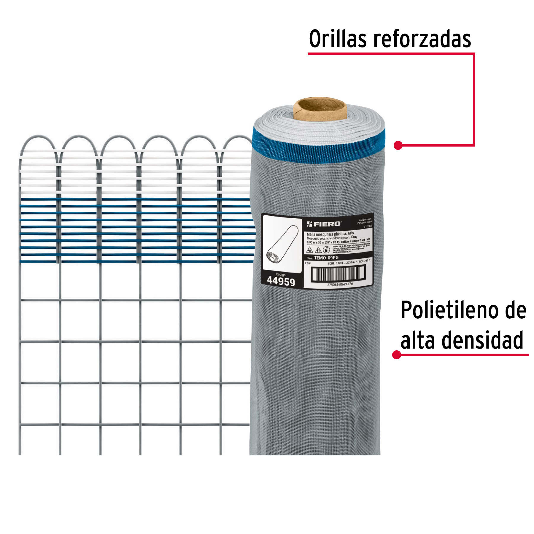 Malla mosquitera plástica, 0.90 x 30 m, gris