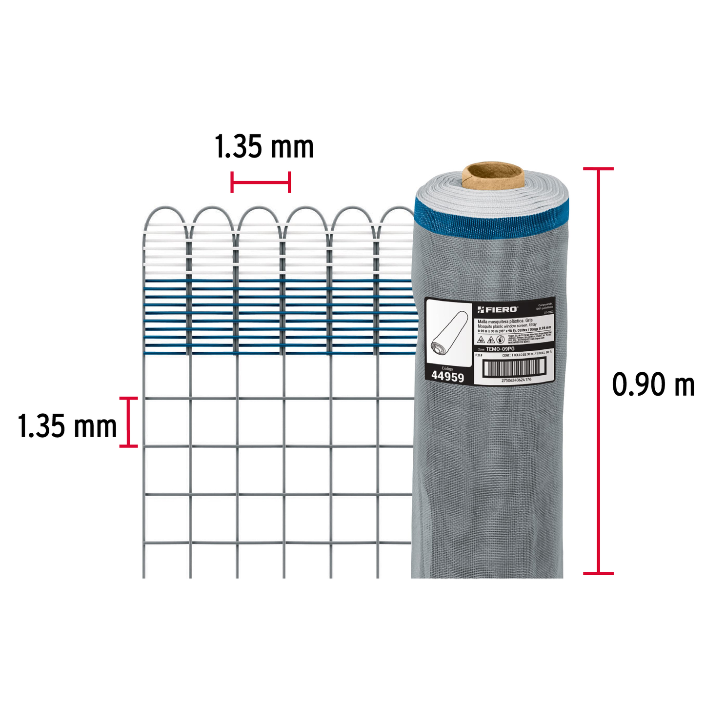 Malla mosquitera plástica, 0.90 x 30 m, gris