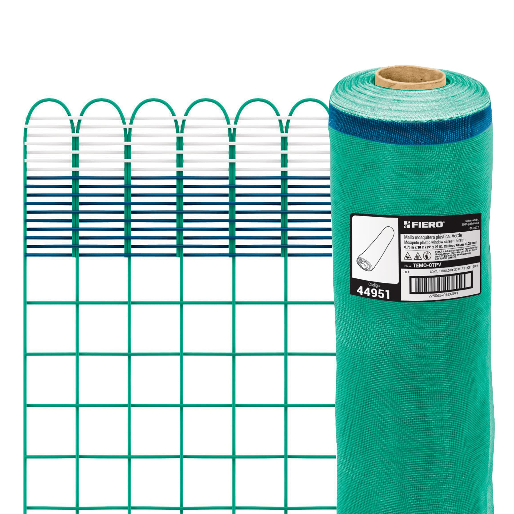 Malla mosquitera plástica, 0.75 x 30 m, verde