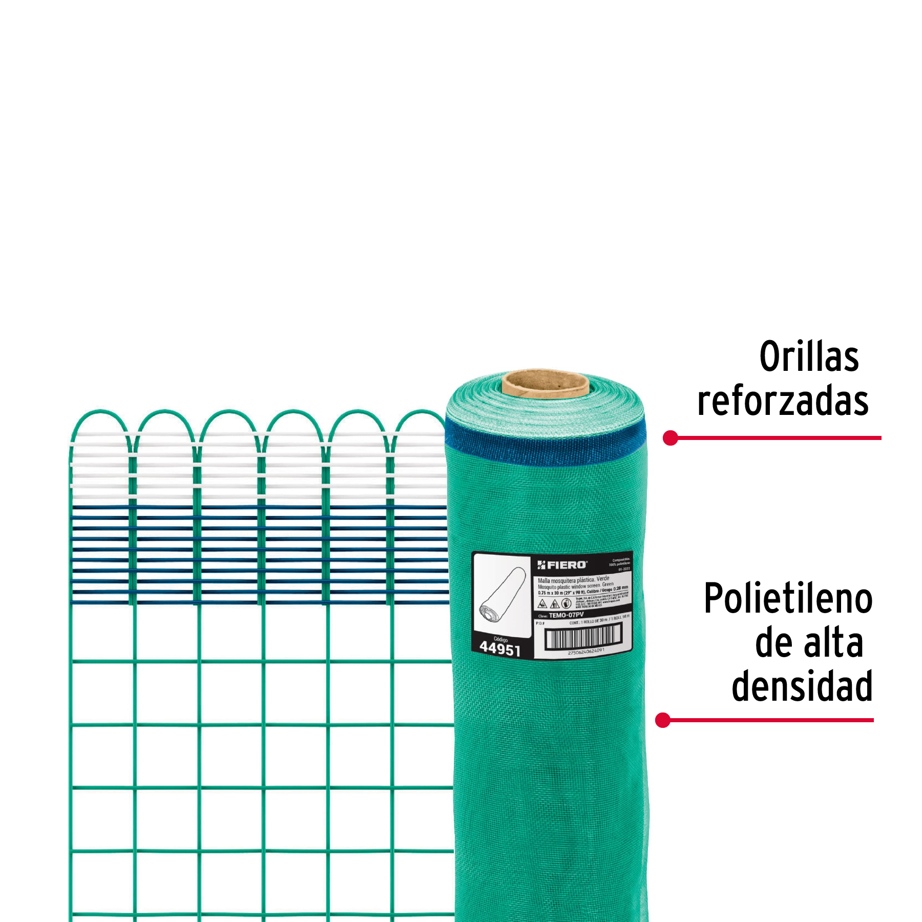 Malla mosquitera plástica, 0.75 x 30 m, verde