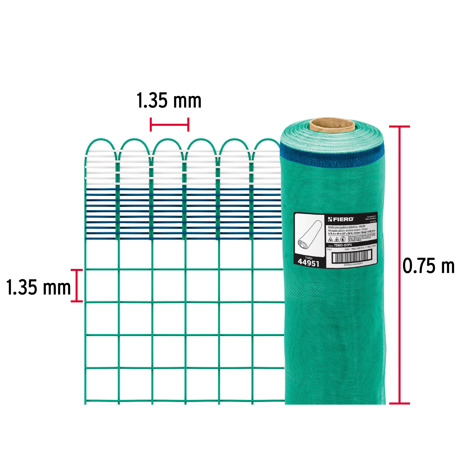 Malla mosquitera plástica, 0.75 x 30 m, verde