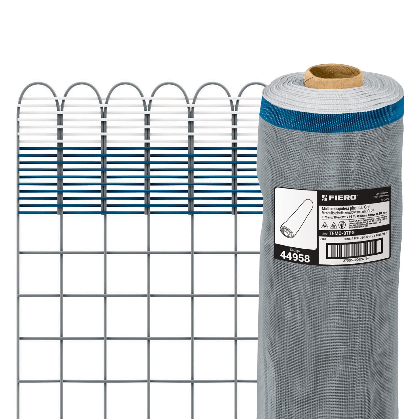 Malla mosquitera plástica, 0.75 x 30 m, gris