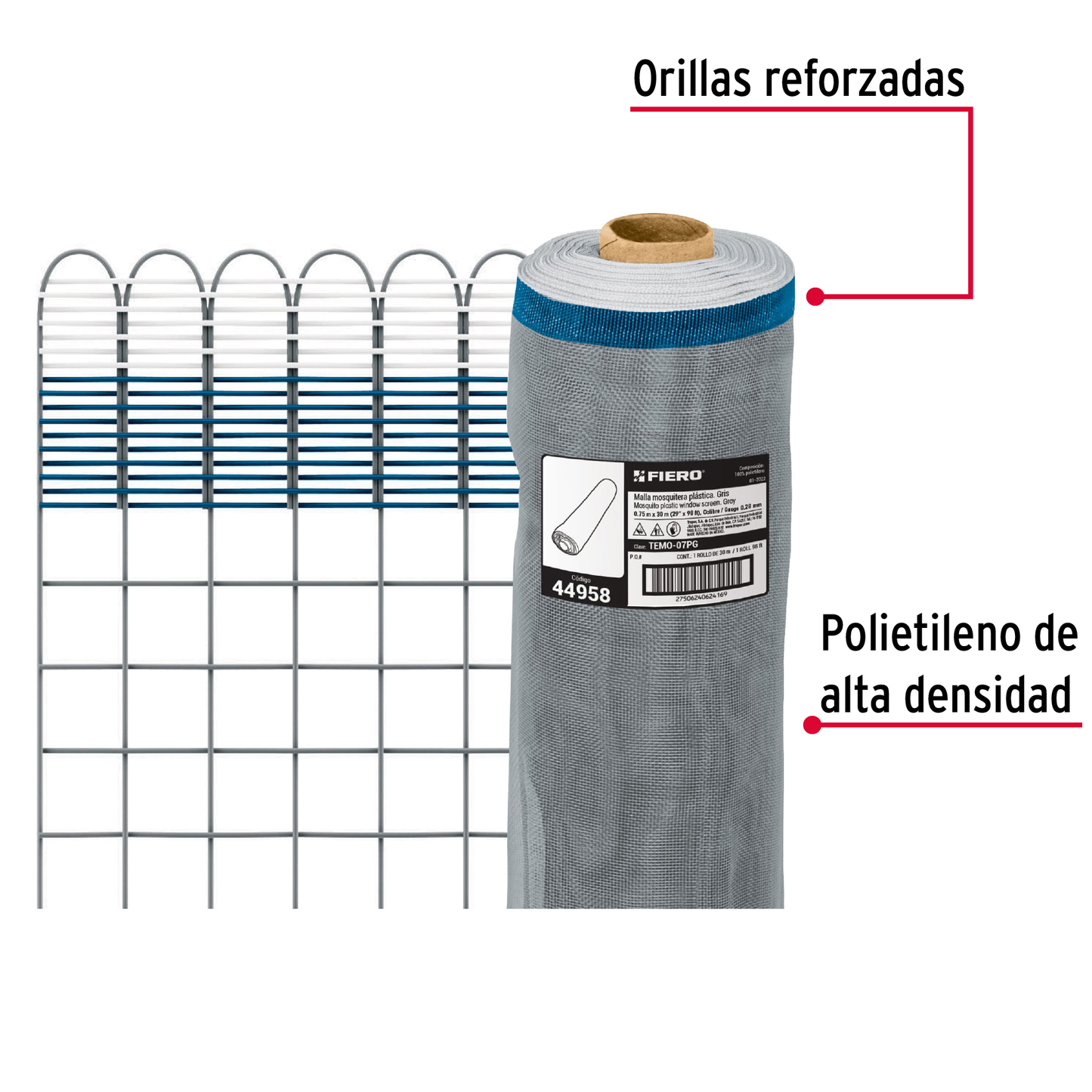 Malla mosquitera plástica, 0.75 x 30 m, gris
