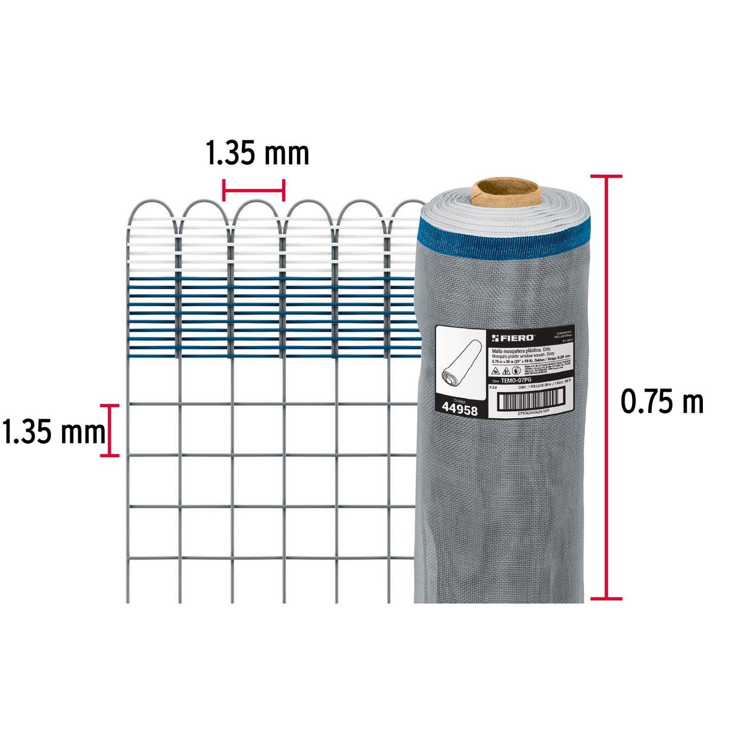 Malla mosquitera plástica, 0.75 x 30 m, gris