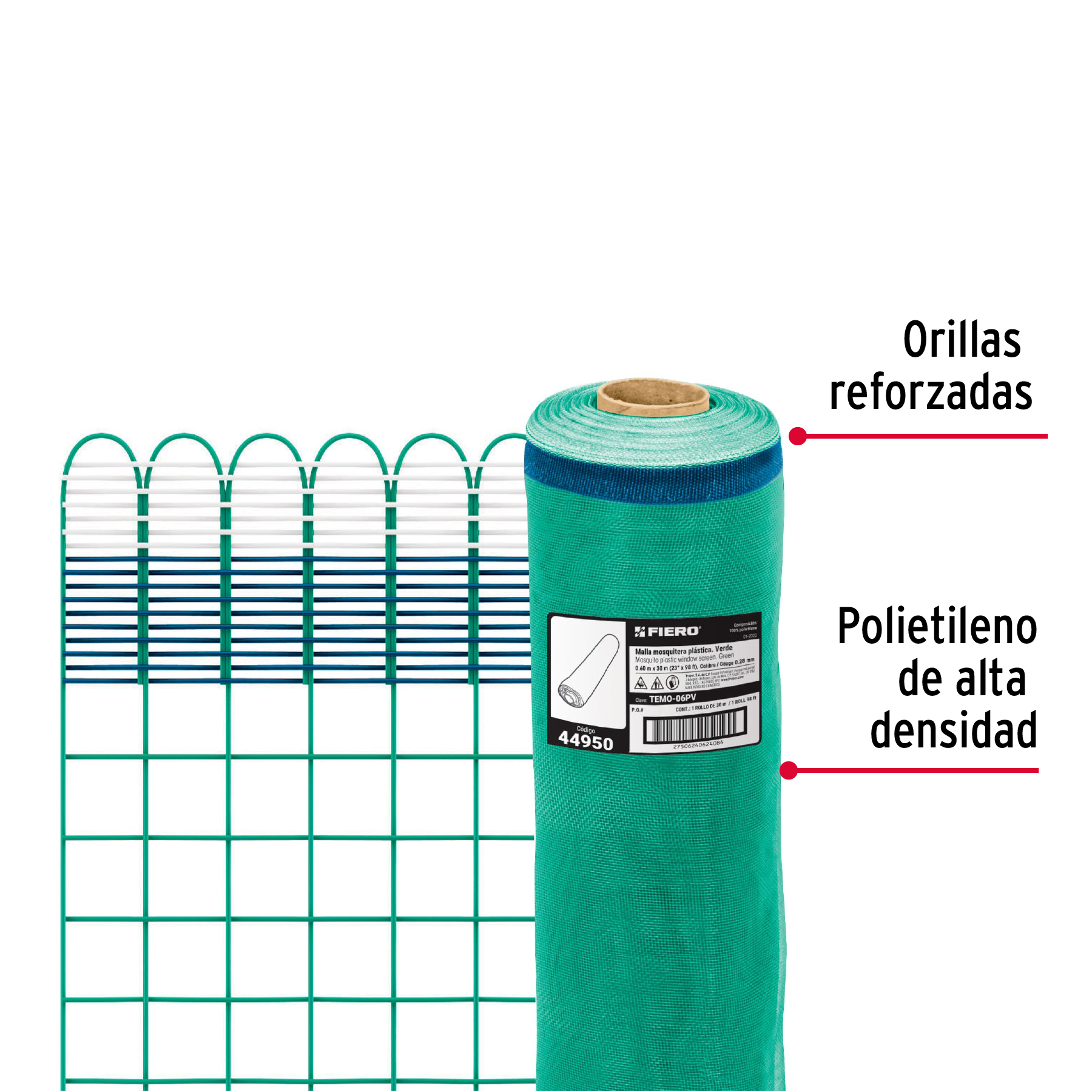 Malla mosquitera plástica, 0.60 x 30 m, verde