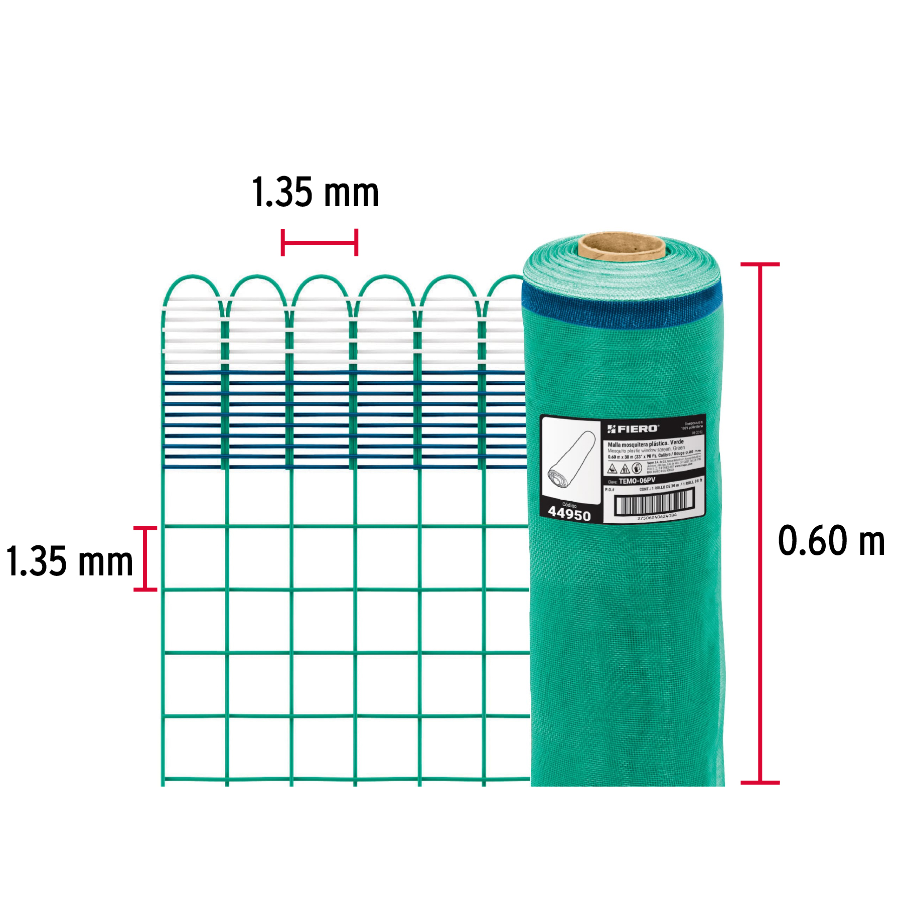 Malla mosquitera plástica, 0.60 x 30 m, verde