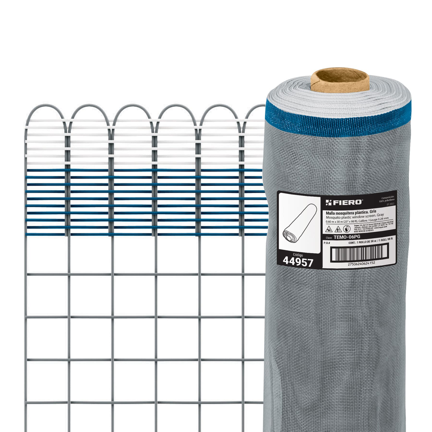 Malla mosquitera plástica, 0.60 x 30 m, gris