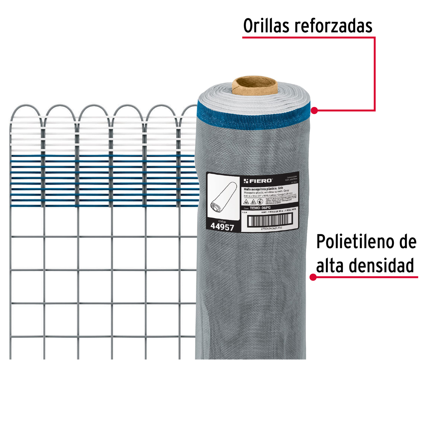 Malla mosquitera plástica, 0.60 x 30 m, gris