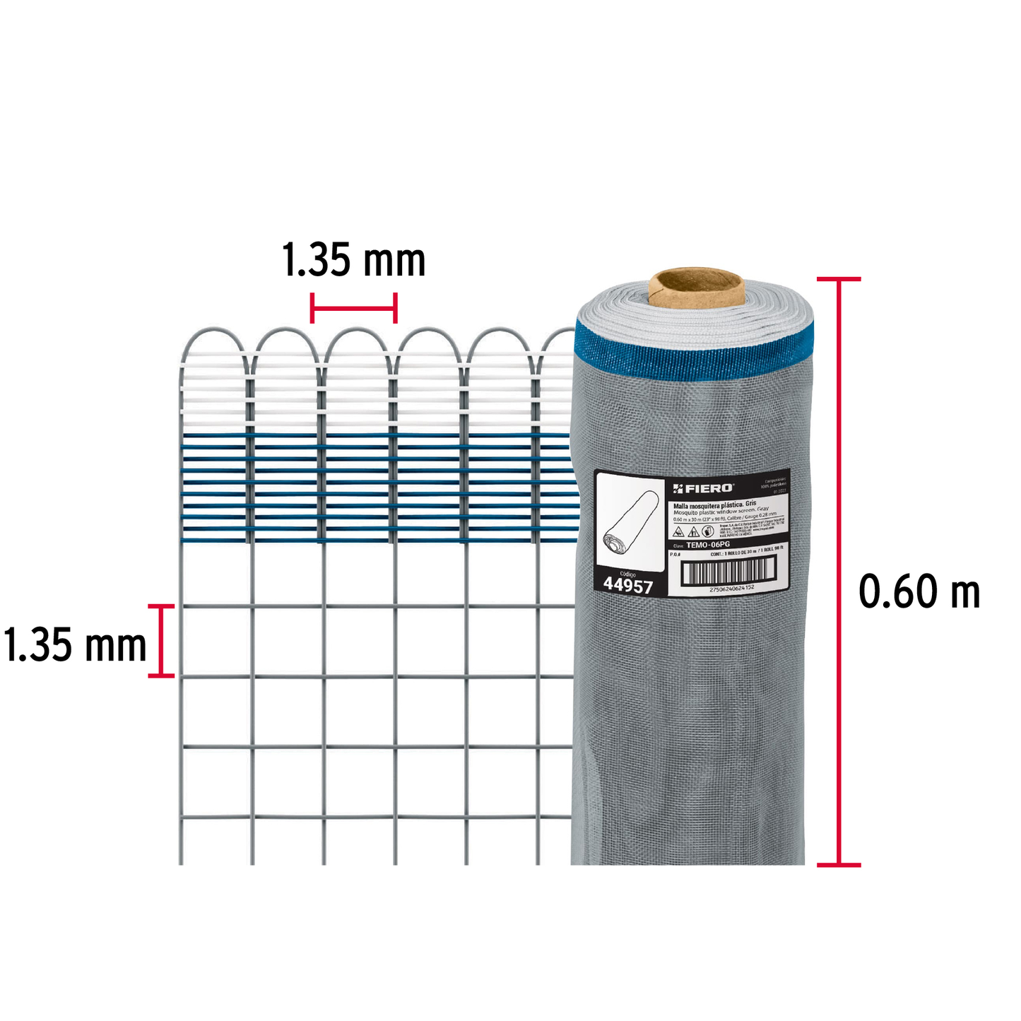 Malla mosquitera plástica, 0.60 x 30 m, gris