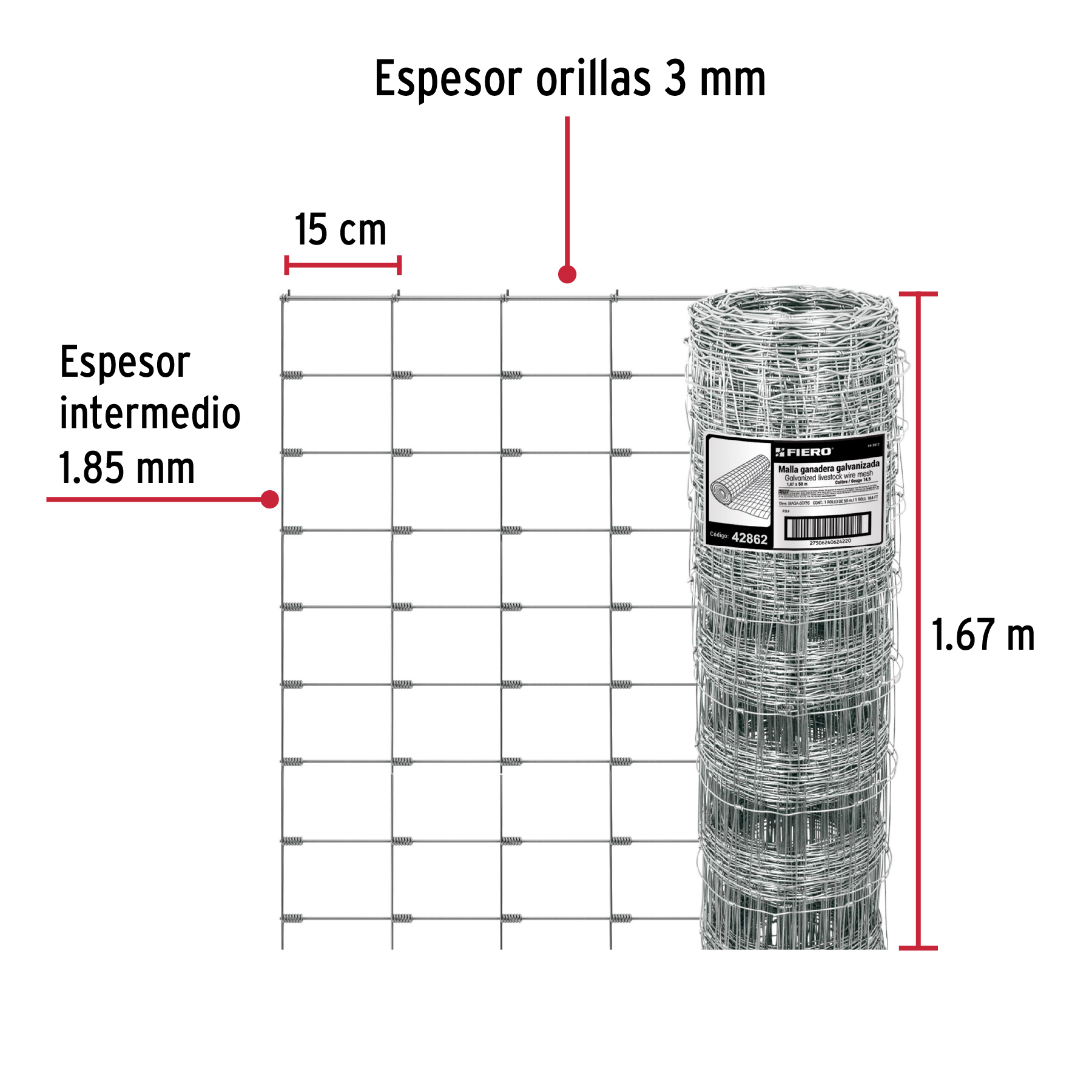 Malla ganadera de acero galvanizado, 1.67 X 50 m