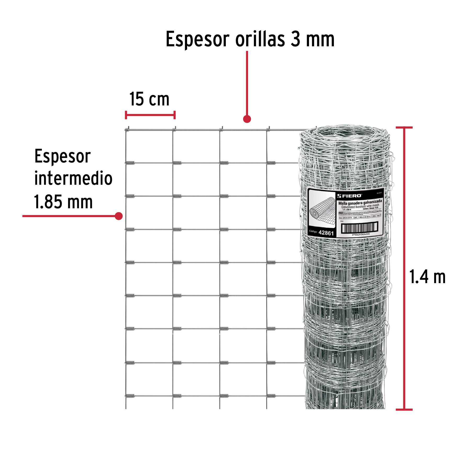 Malla ganadera de acero galvanizado, 1.40 X 50 m