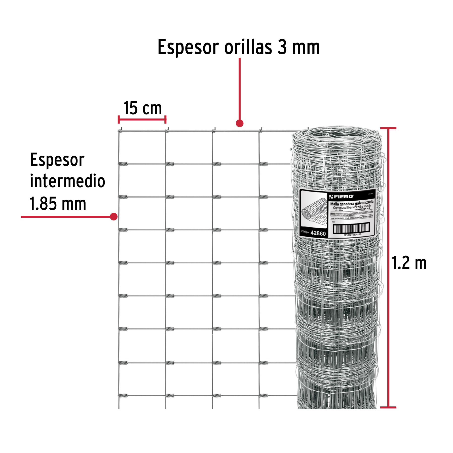 Malla ganadera de acero galvanizado, 1.20 X 50 m