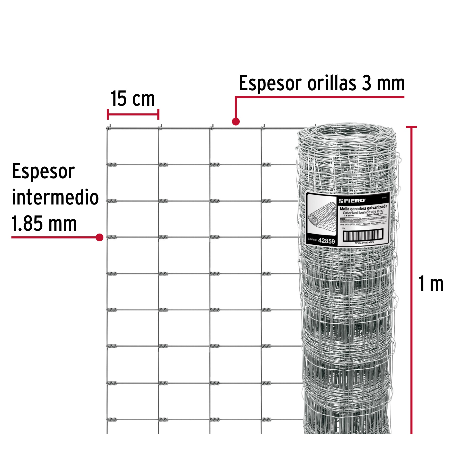 Malla ganadera de acero galvanizado, 1.0 X 50 m