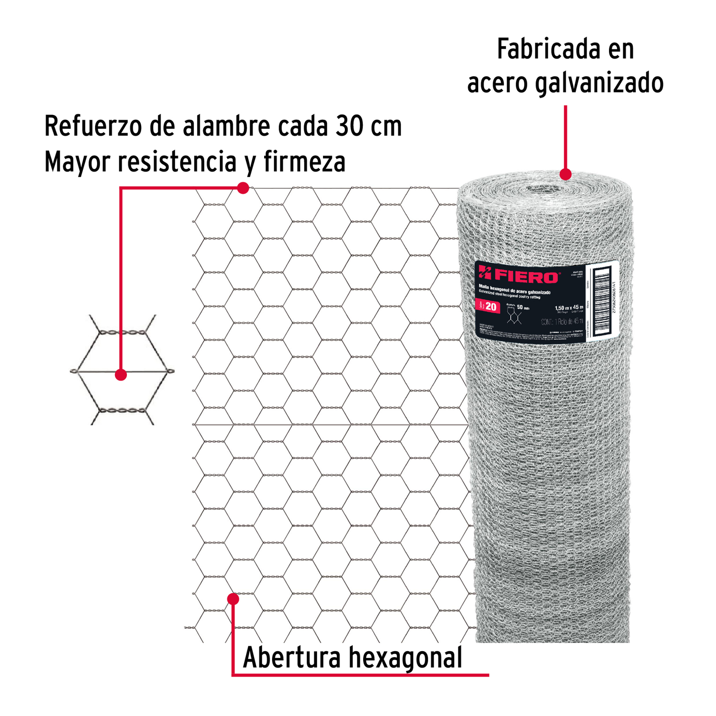 Malla de acero galvanizado, hexagonal, 50 mm x 1.50 m