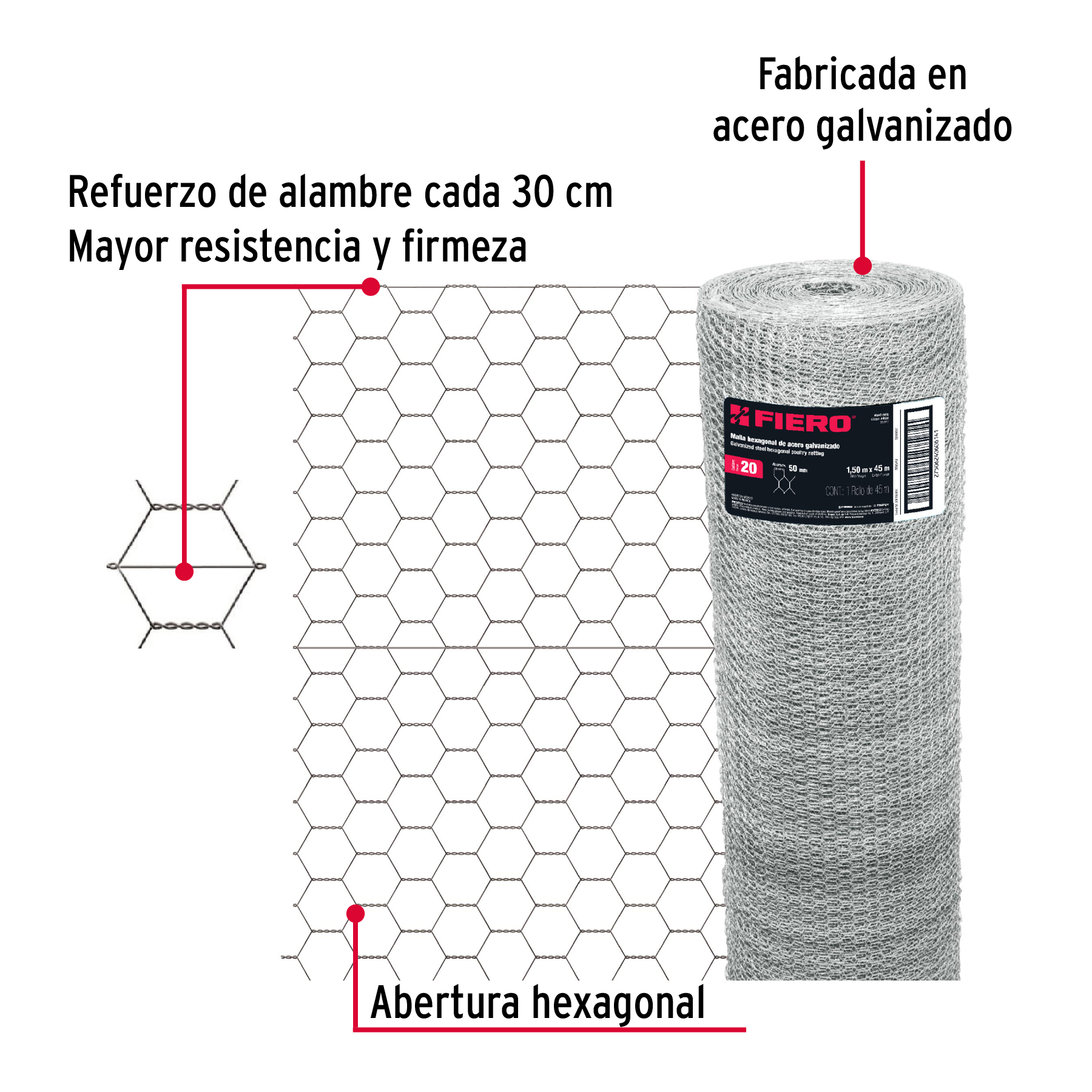 Malla de acero galvanizado, hexagonal, 50 mm x 1.50 m