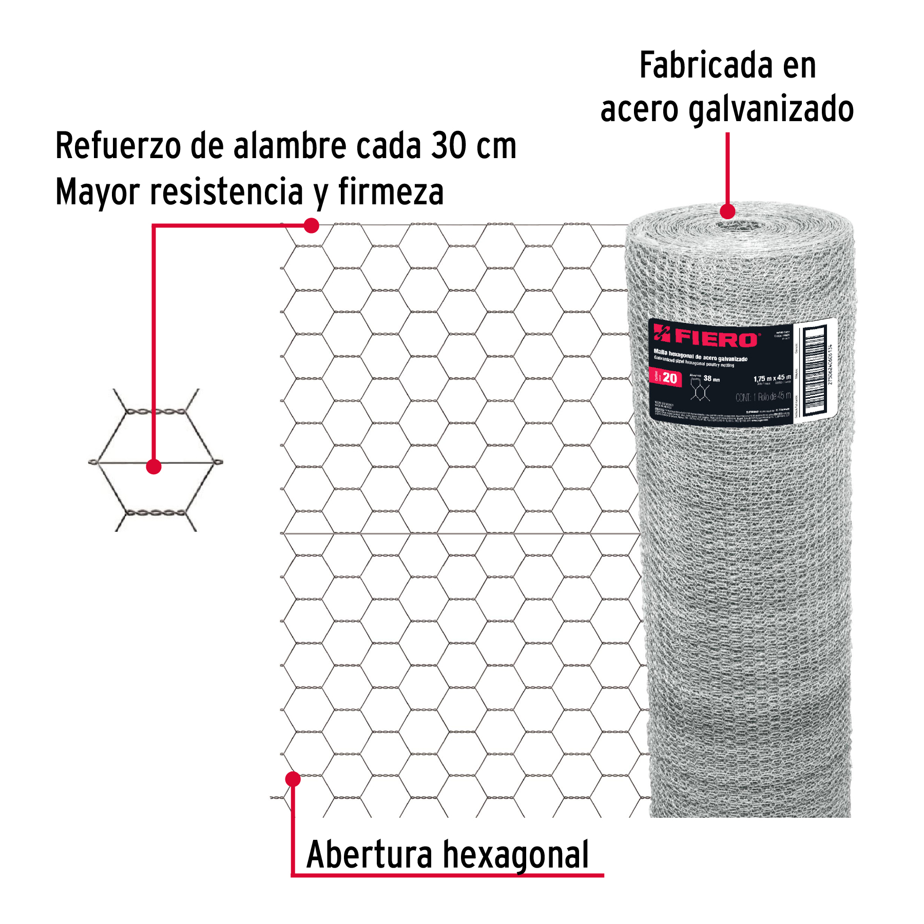 Malla de acero galvanizado, hexagonal, 38 mm x 1.75 m
