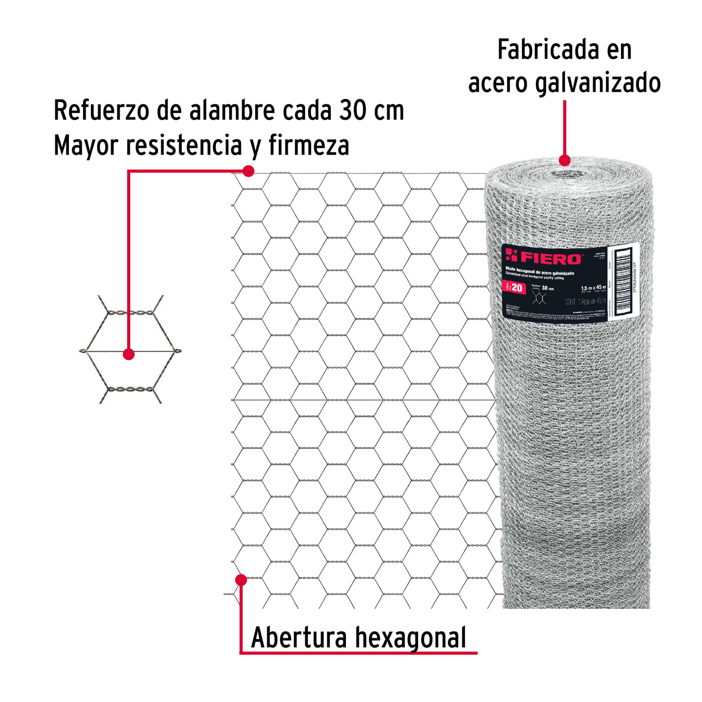 Malla de acero galvanizado, hexagonal, 38 mm x 1.50 m
