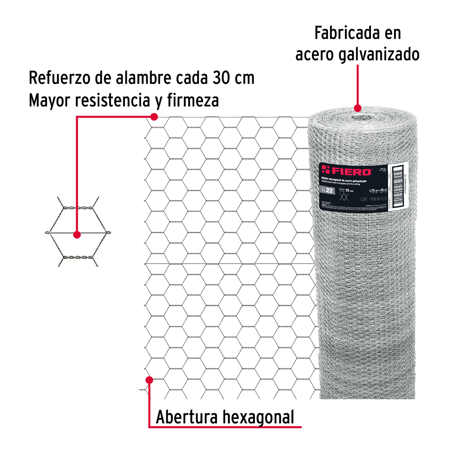 Malla de acero galvanizado, hexagonal, 25 mm x 1.75 m