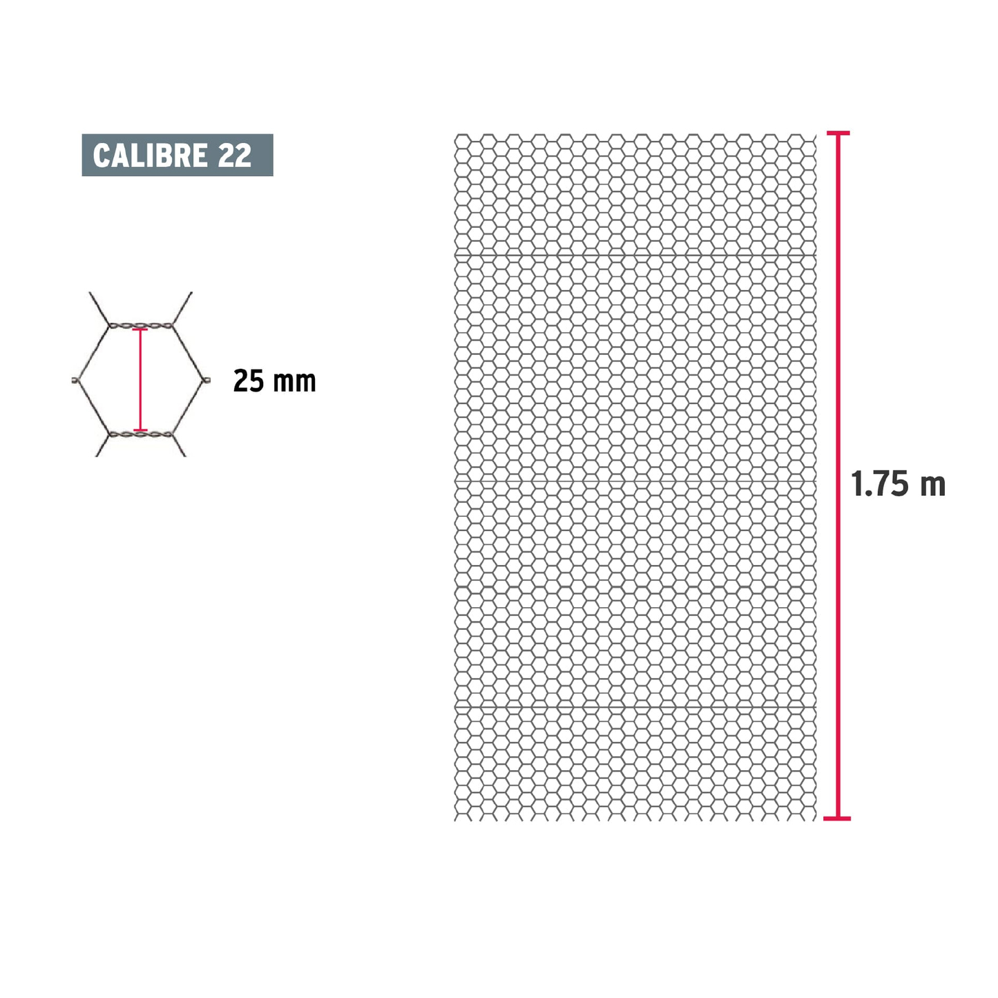 Malla de acero galvanizado, hexagonal, 25 mm x 1.75 m