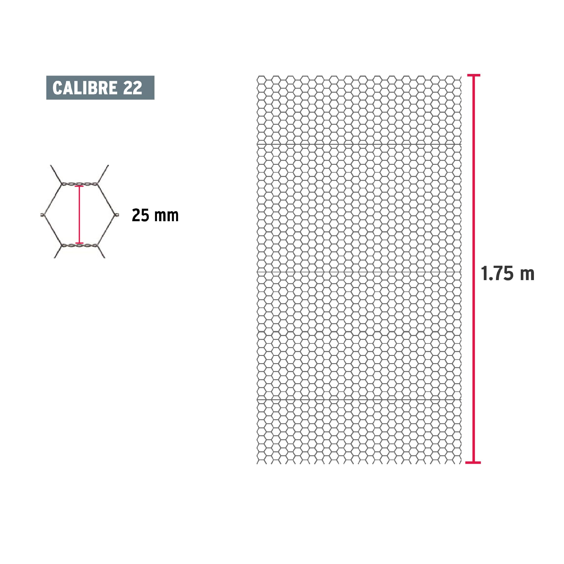 Malla de acero galvanizado, hexagonal, 25 mm x 1.75 m