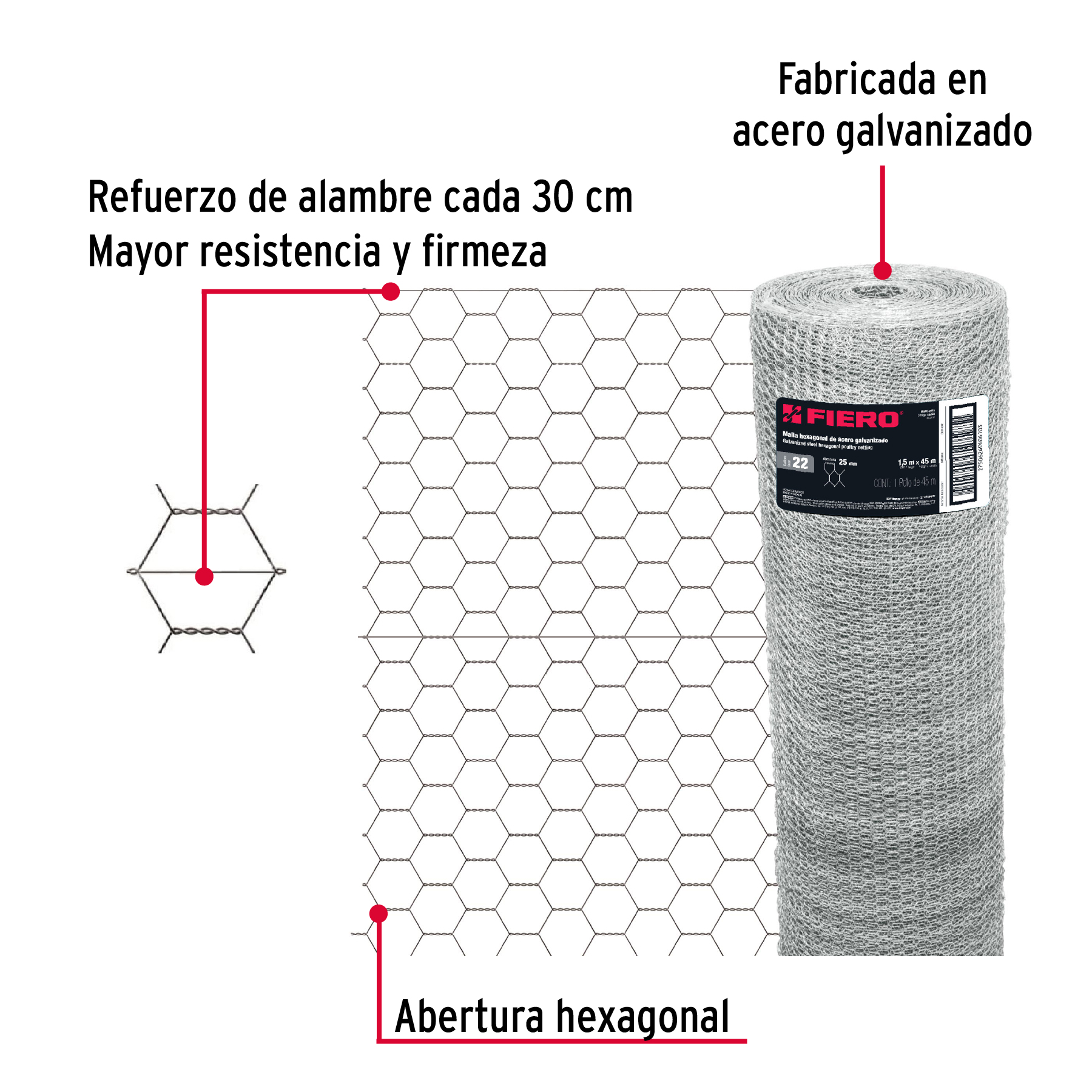 Malla de acero galvanizado, hexagonal, 25 mm x 1.50 m