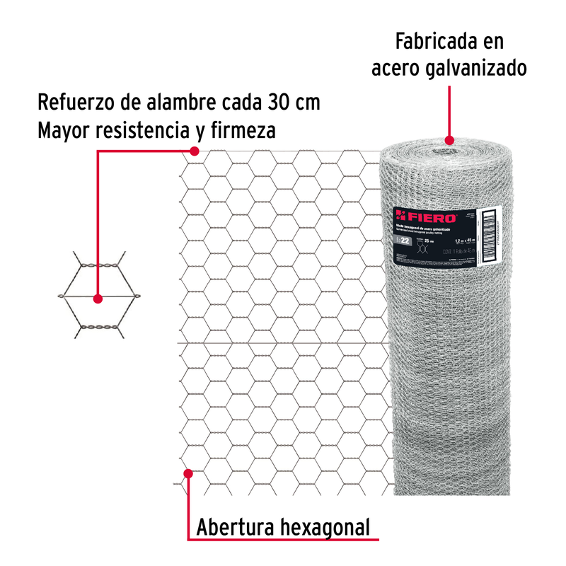 Malla de acero galvanizado, hexagonal, 25 mm x 1.20 m
