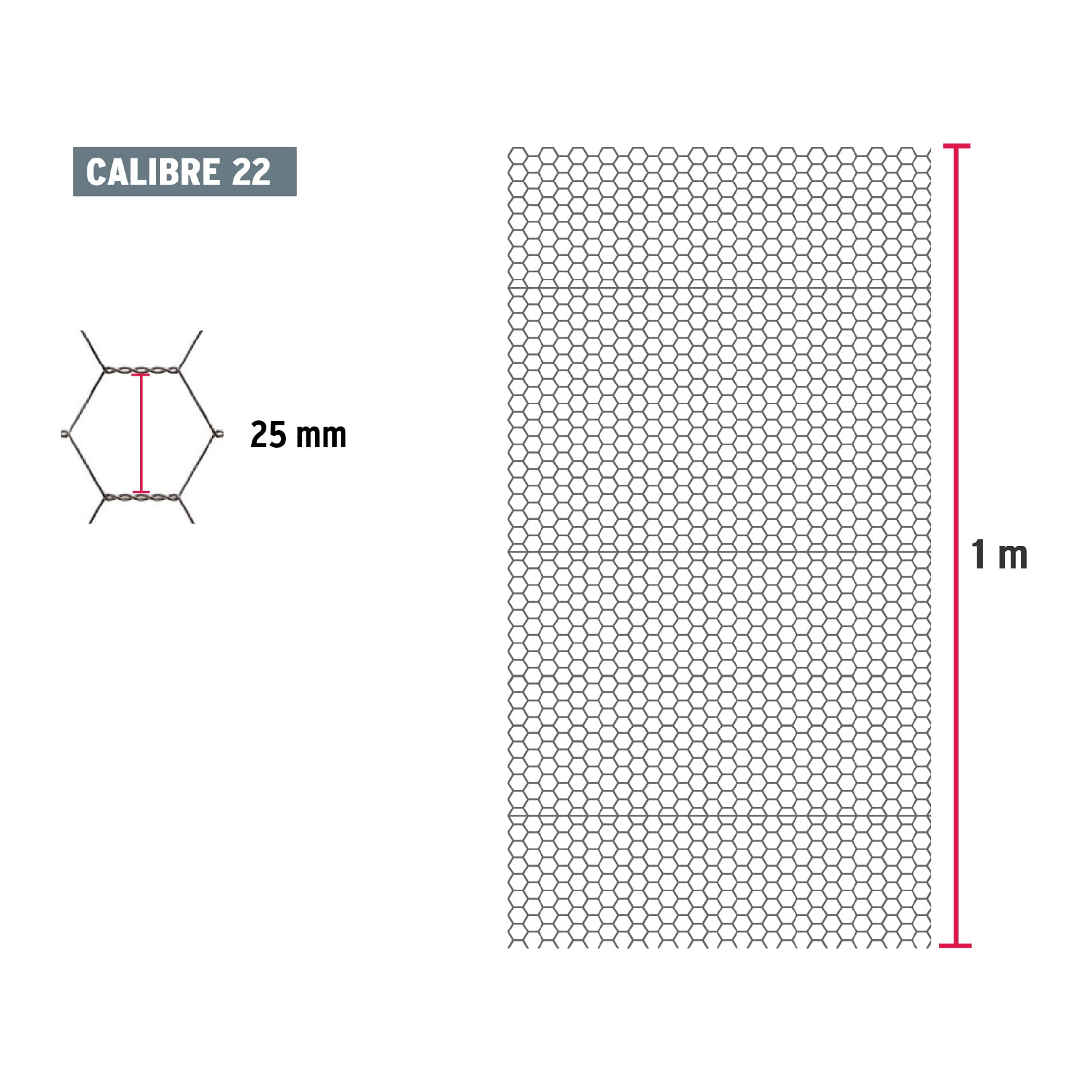 Malla de acero galvanizado, hexagonal, 25 mm x 1.00 m