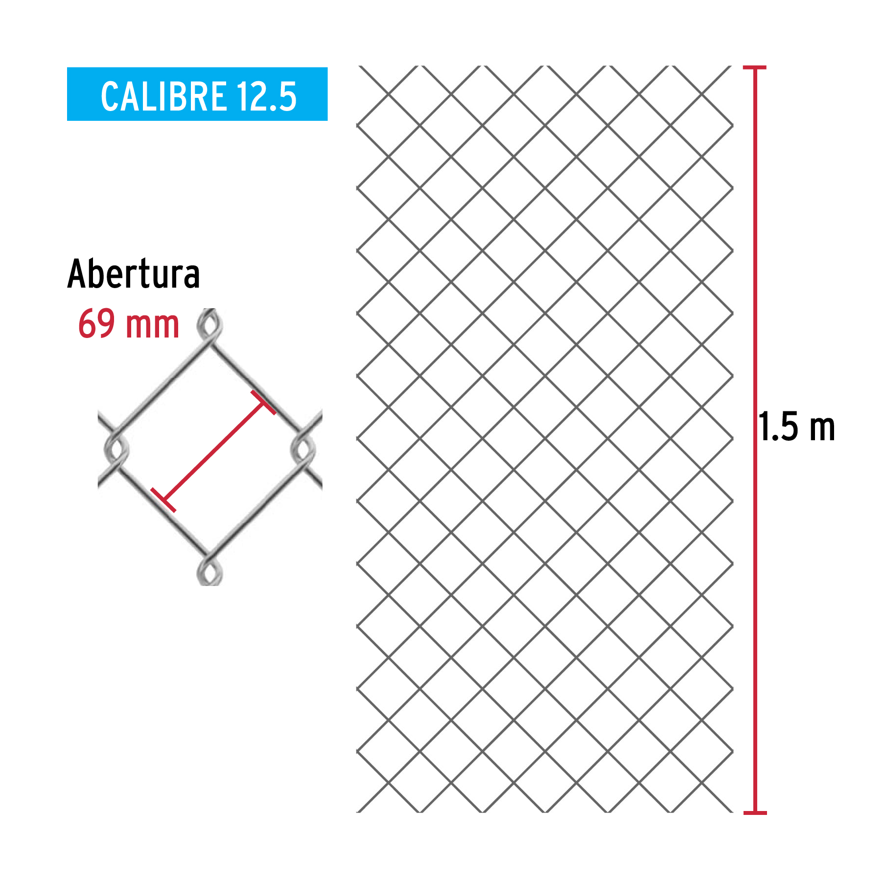 Malla ciclónica, calibre 12.5, abertura 69 x 69, 1.50 x 20 m