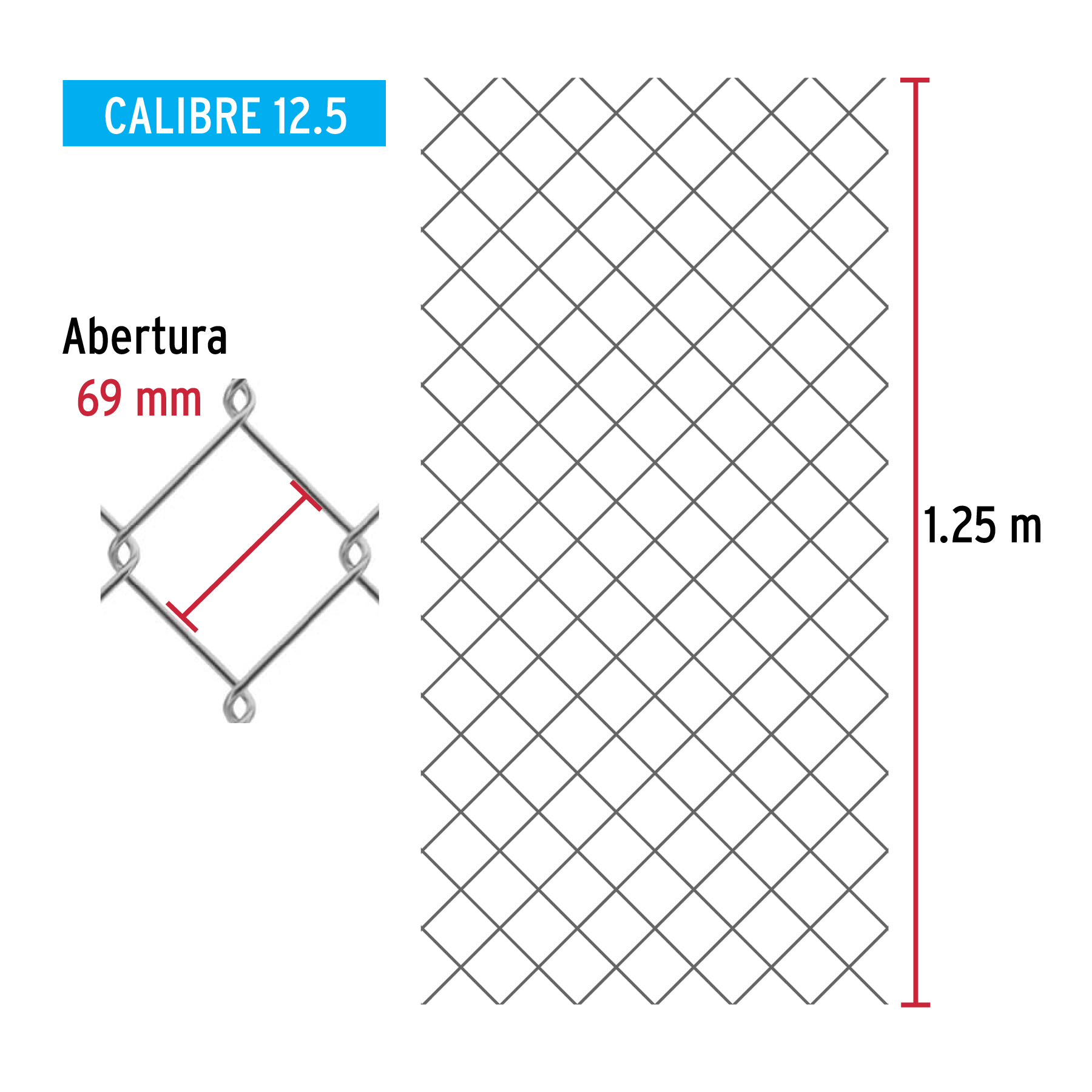 Malla ciclónica, calibre 12.5, abertura 69 x 69, 1.25 x 20 m