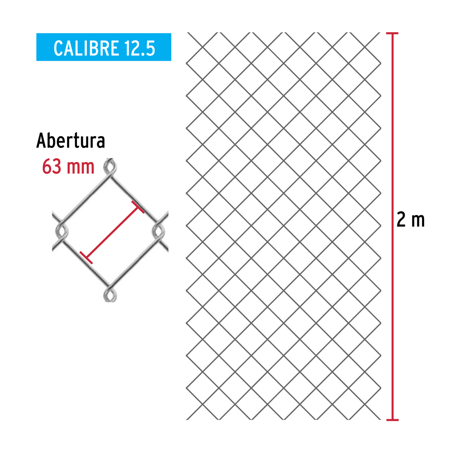 Malla ciclónica, calibre 12.5, abertura 63 x 63, 2 x 20 m