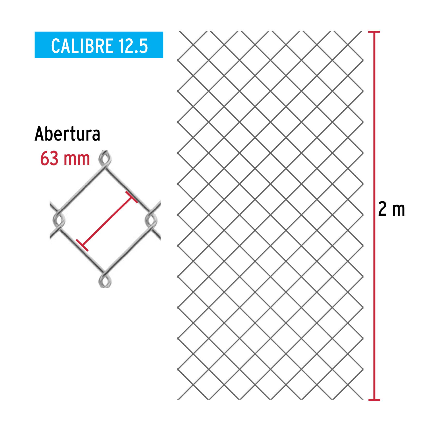 Malla ciclónica, calibre 12.5, abertura 63 x 63, 2 x 20 m
