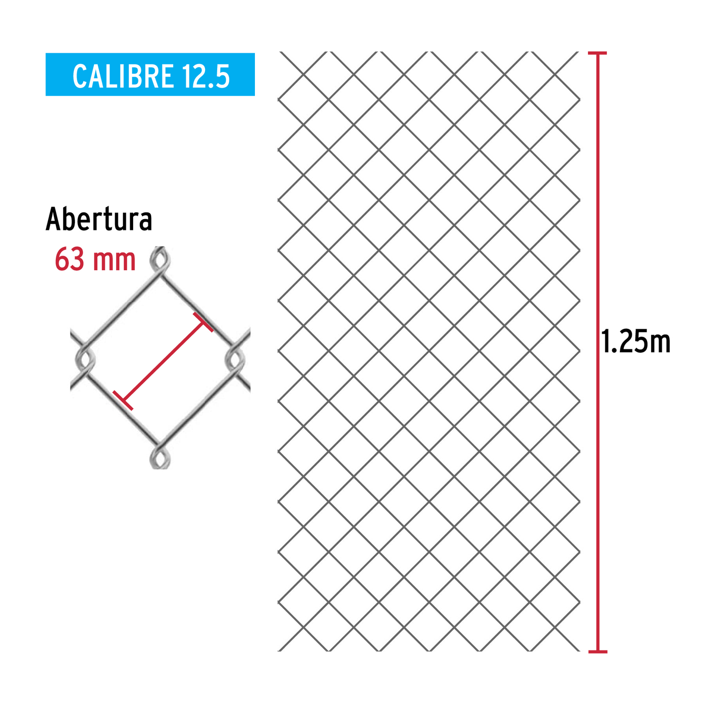 Malla ciclónica, calibre 12.5, abertura 63 x 63, 1.25 x 20 m