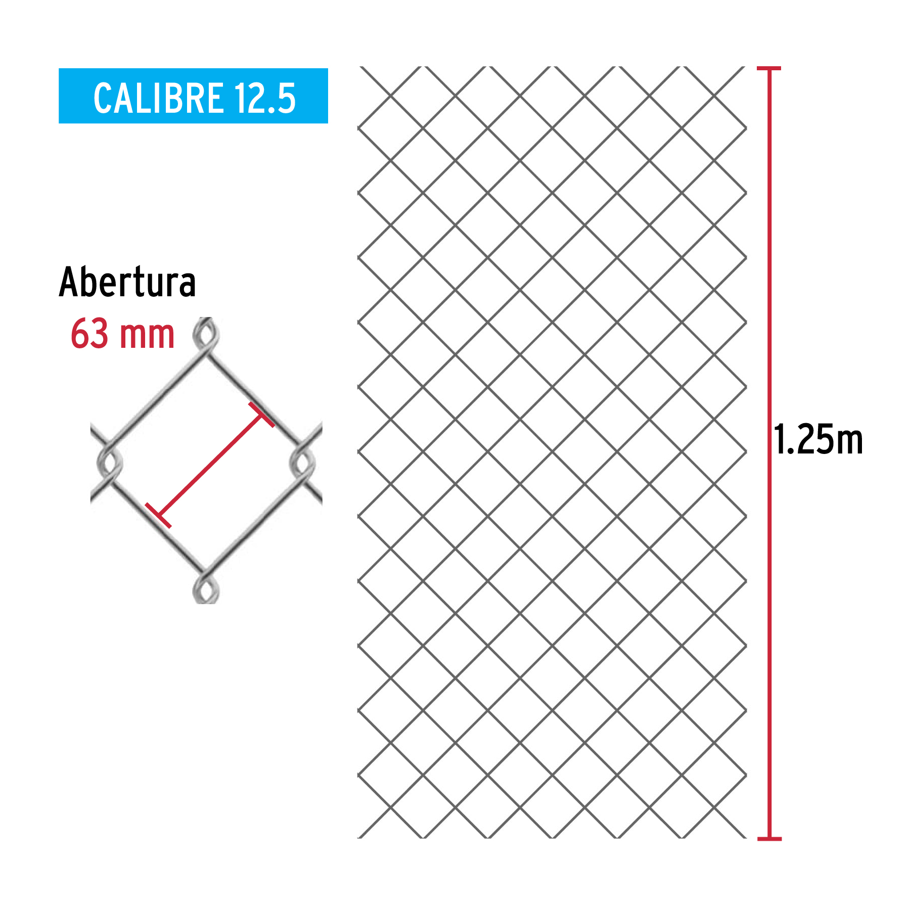 Malla ciclónica, calibre 12.5, abertura 63 x 63, 1.25 x 20 m
