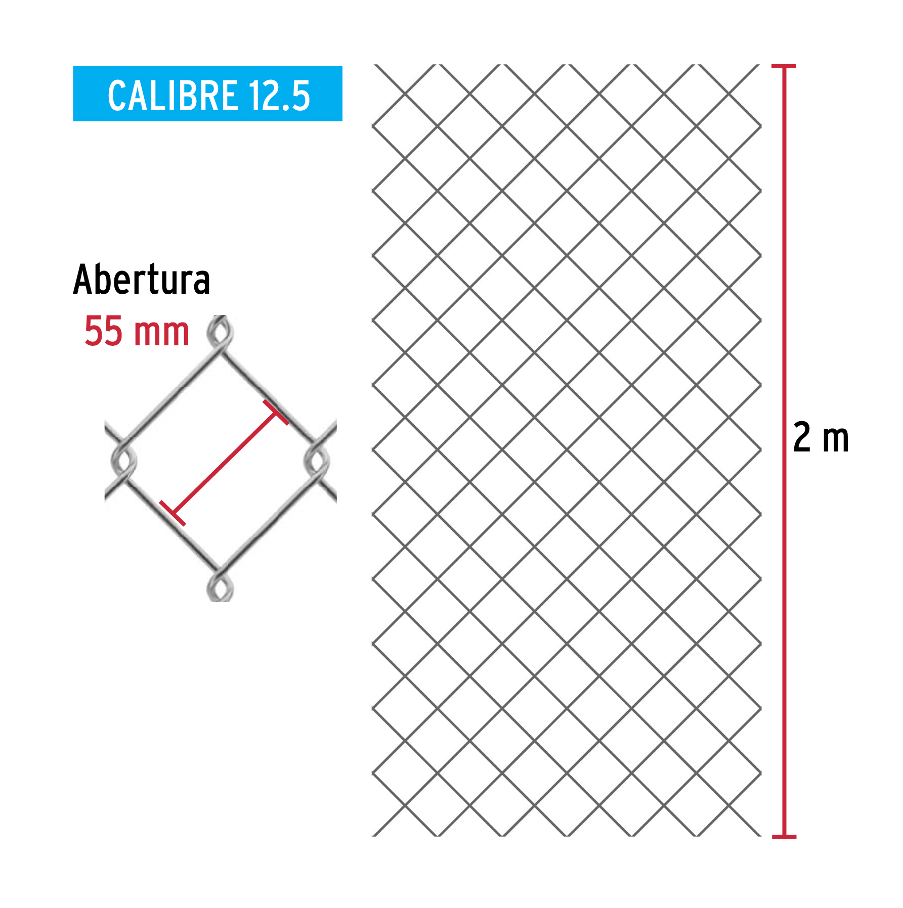 Malla ciclónica, calibre 12.5, abertura 55 x 55, 2 x 20 m
