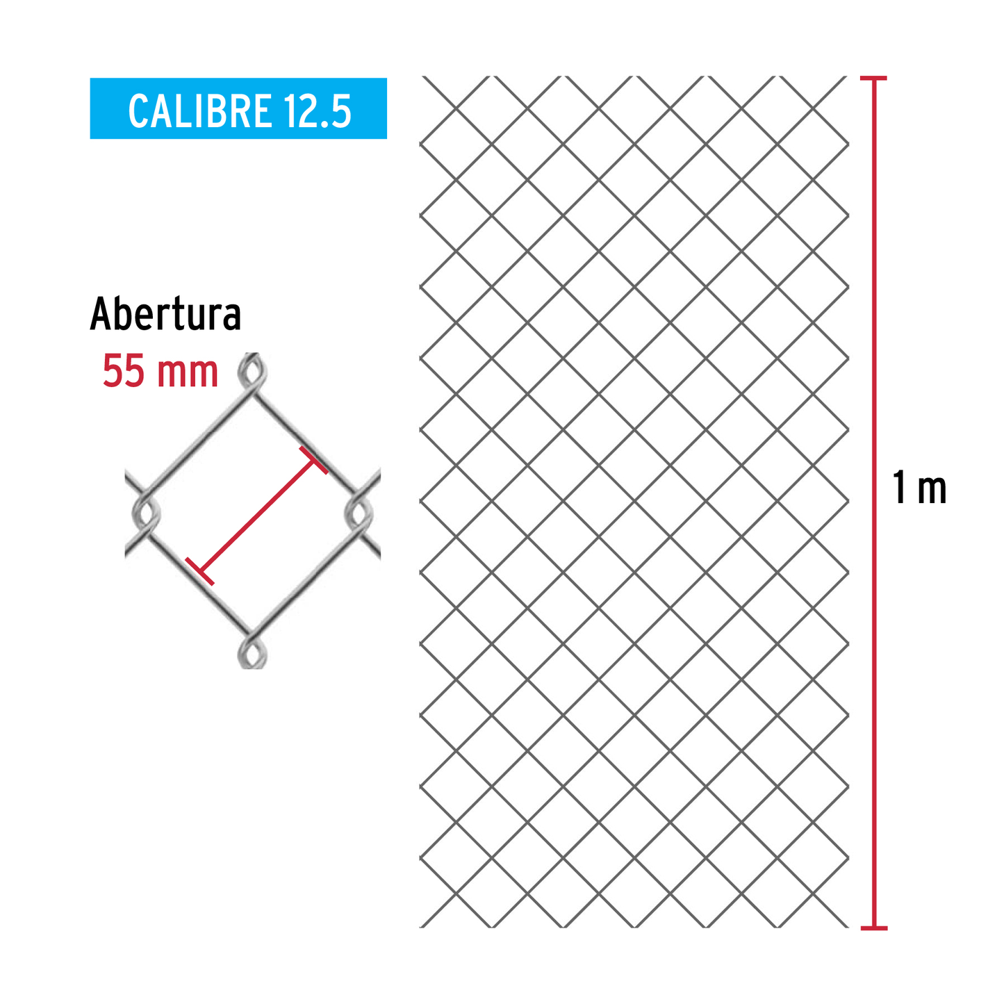 Malla ciclónica, calibre 12.5, abertura 55 x 55, 1 x 20 m