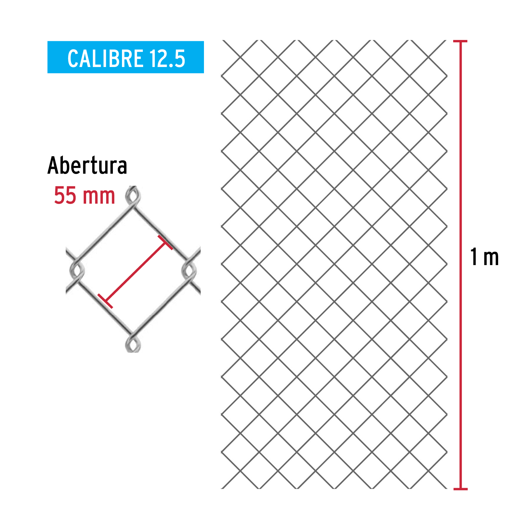 Malla ciclónica, calibre 12.5, abertura 55 x 55, 1 x 20 m