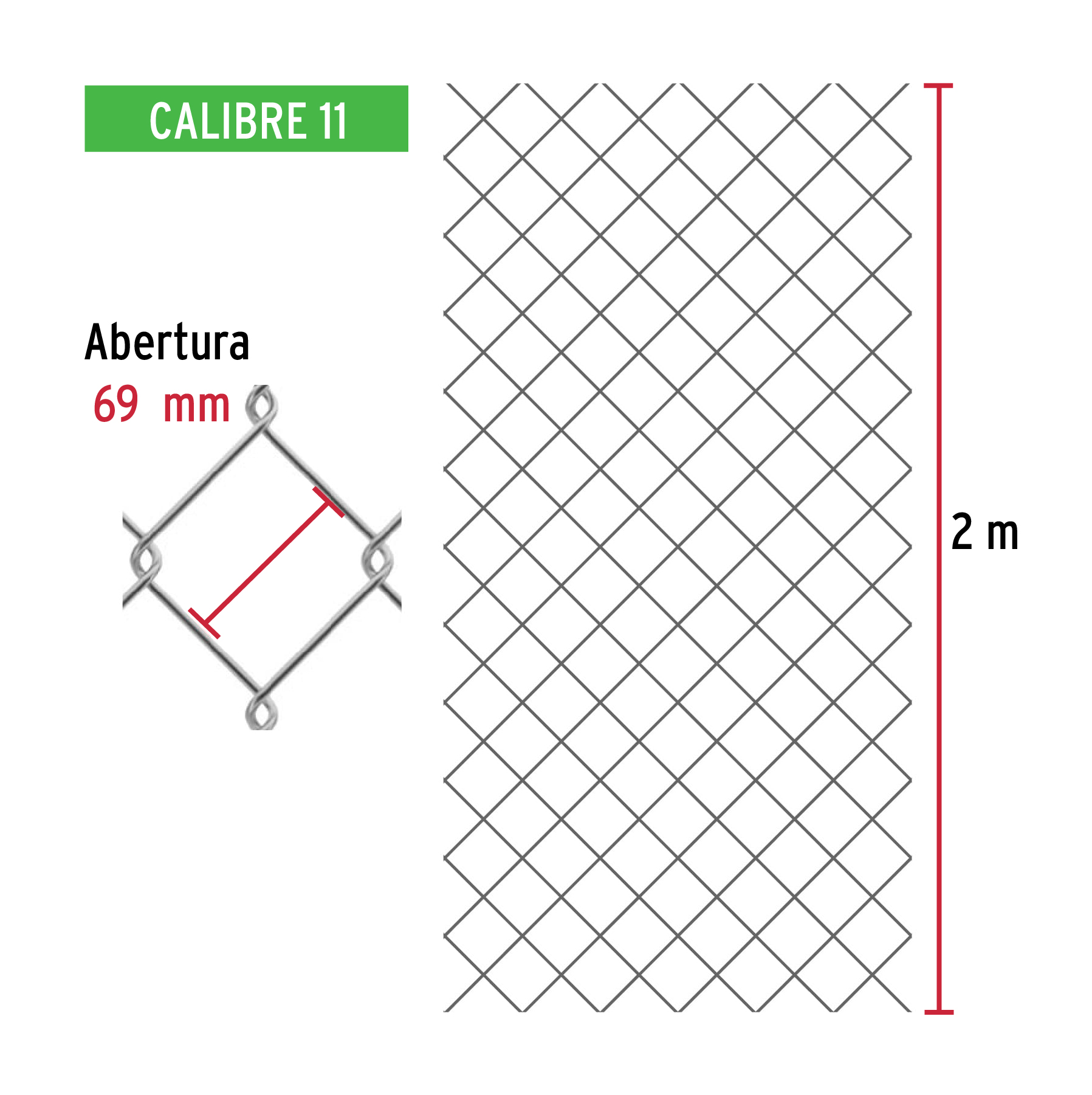 Malla ciclónica, calibre 11, abertura 69 x 69, 2 x 20 m