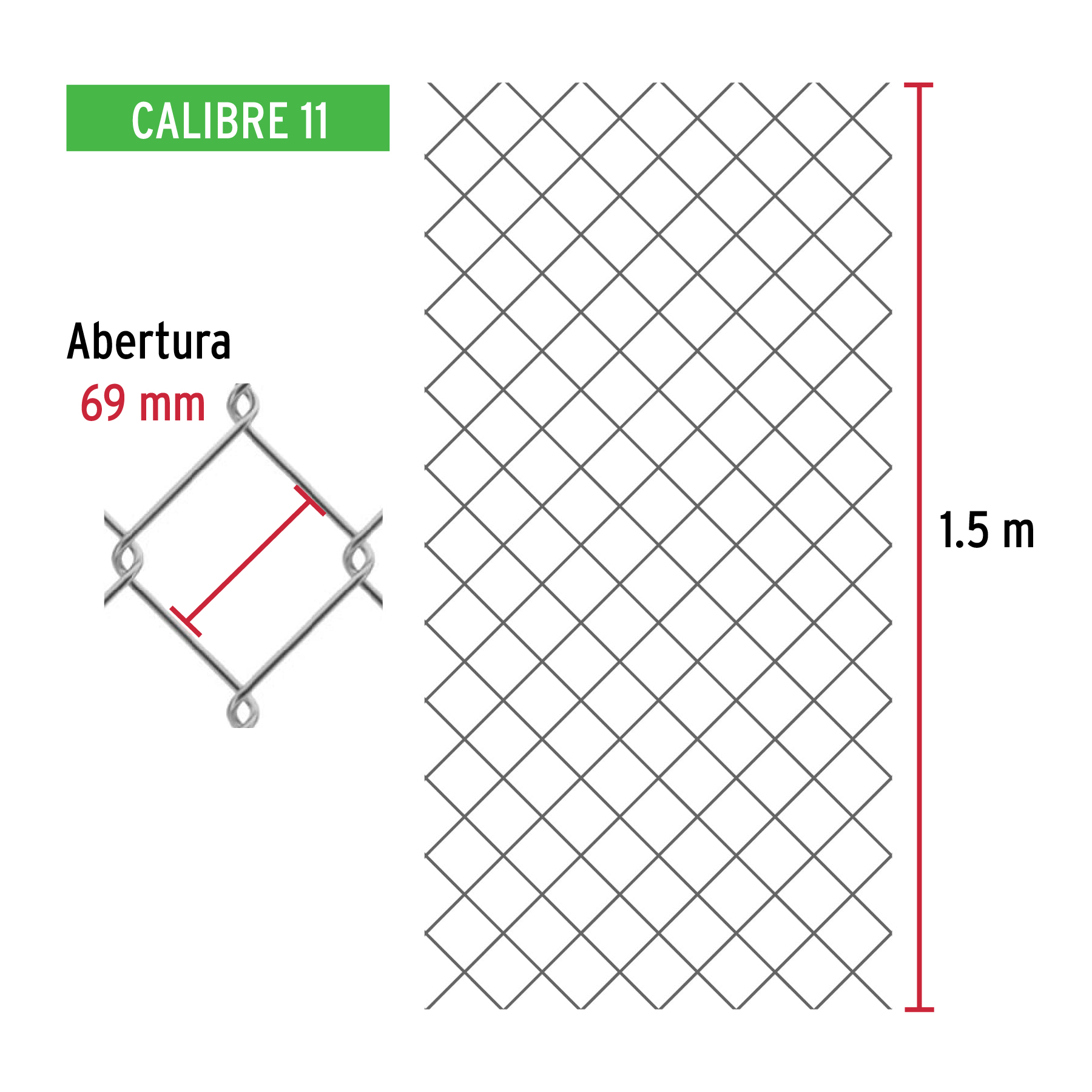 Malla ciclónica, calibre 11, abertura 69 x 69, 1.50 x 20 m